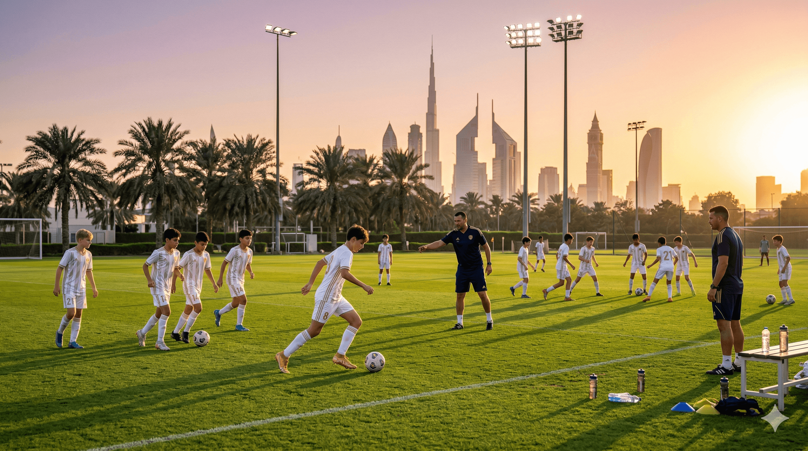 SOFC Academy players training on the pitch with Dubai skyline at sunset