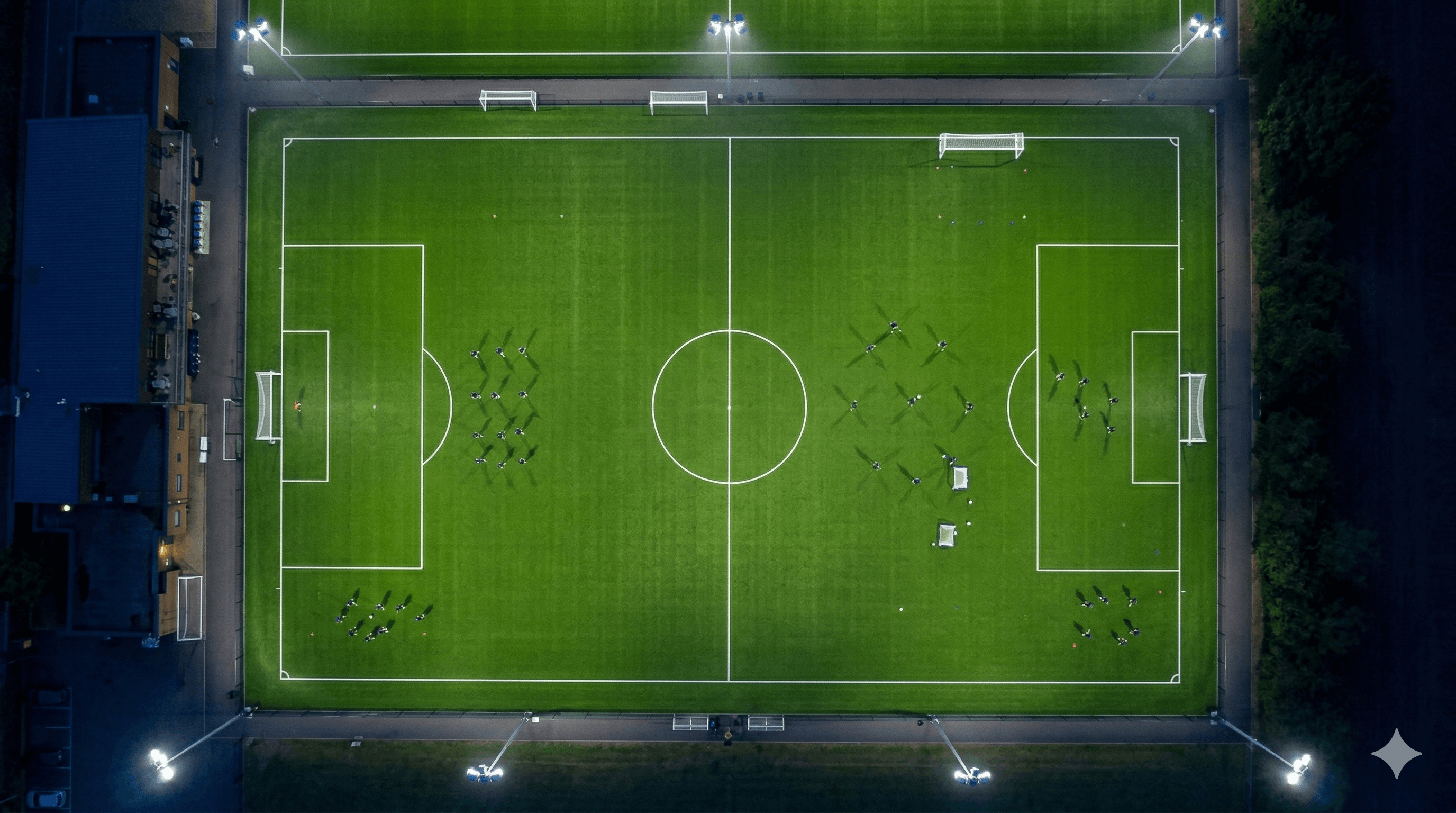 SOFC Academy pitch — aerial view at night